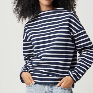 J. Crew Navy and White Striped fleece mockneck sweatshirt